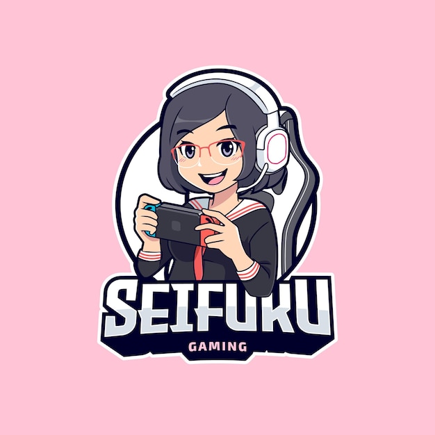 Personaggi dei cartoni animati di anime girl che giocano sul modello di logo di esportazione del dispositivo portatile