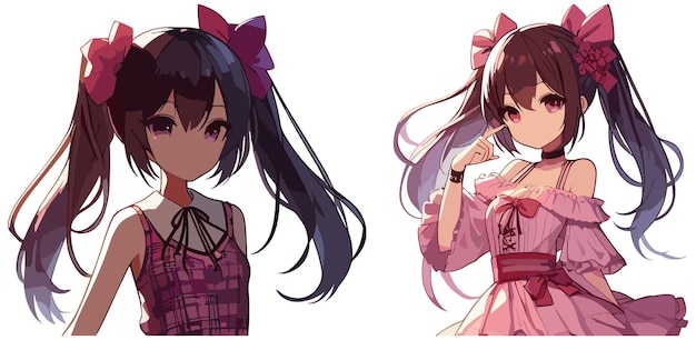 2 つのポーズのアニメの女の子のキャラクター シート ベクトル分離イラスト