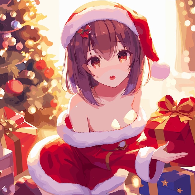 Anime girl in christmas costume with gifts and presents