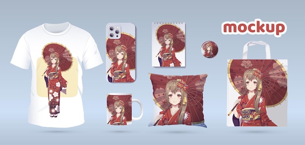 Vettore ragazza anime in kimono stampe su magliette custodie souvenir