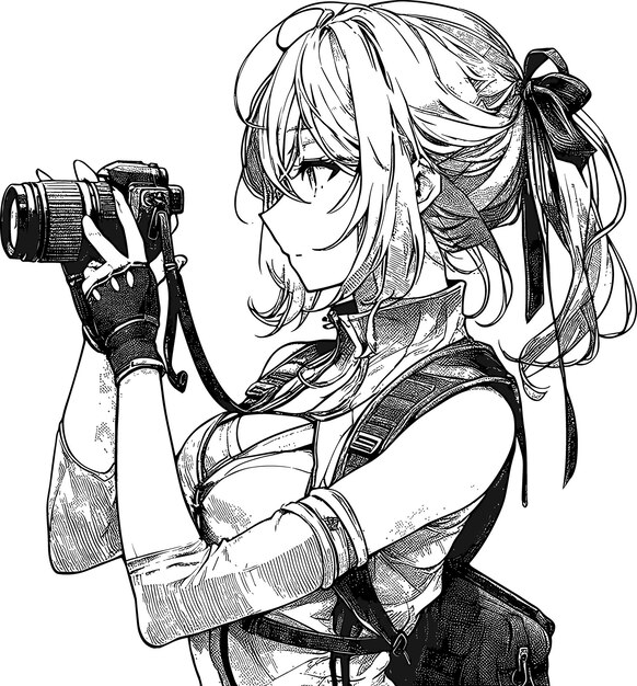 Anime girl photographer black and white line art