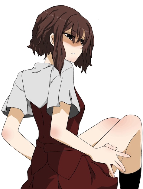 Vector anime girl sits in a half turn and poses for the camera on her skirt