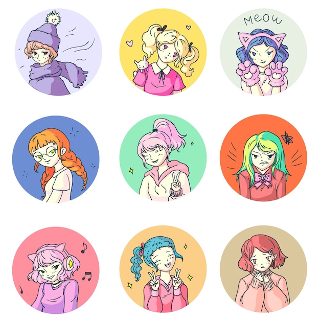 Anime girl sticker. cute anime girl sticker in comics japanese manga style.  female character avatar portrait wearing different clothes, costume with various emotion  set illustration