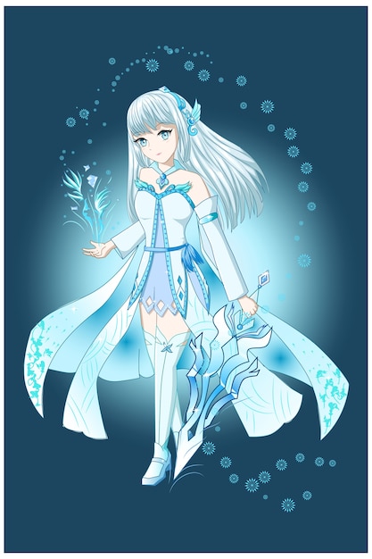 Anime girl bianco marrone con costume bianco blu porta la spada