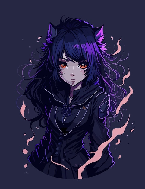 Premium Vector | Anime Girl With Black Hair And Purple Eyes With A Black  Collar And Red Eyes