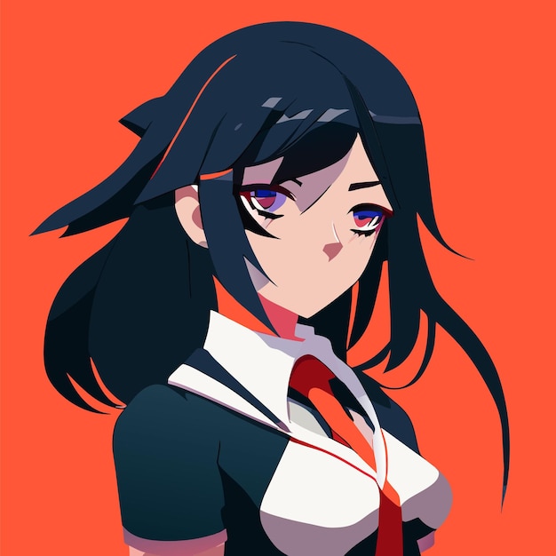 anime girl with a serious facial expression with red eyes and black hair on a red background