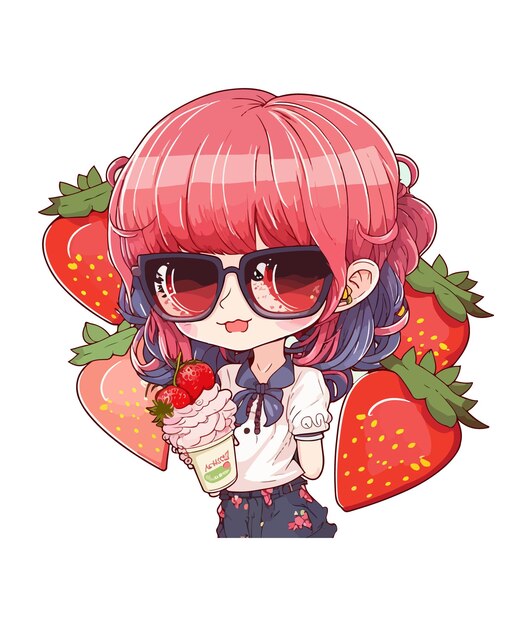 anime girl with strawberry ice cream and wearing sunglasses holding a strawberries