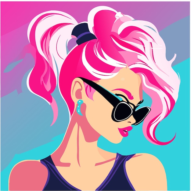 ベクトル anime girl with sunglasses and colorful hair hand drawn flat stylish cartoon sticker icon concept