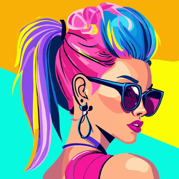 Vector anime girl with sunglasses and colorful hair hand drawn flat stylish cartoon sticker icon concept