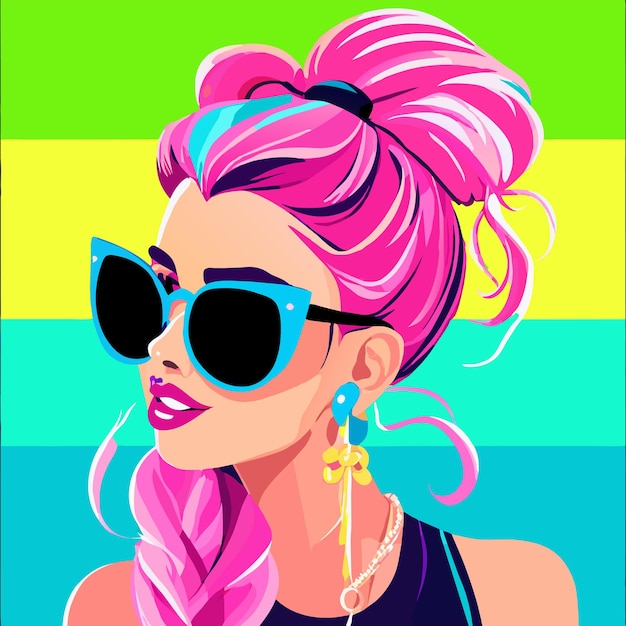 ベクトル anime girl with sunglasses and colorful hair hand drawn flat stylish cartoon sticker icon concept