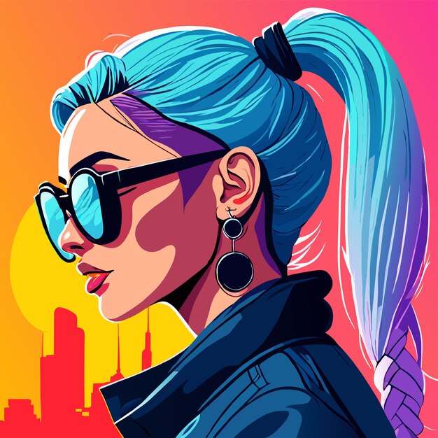 Vector anime girl with sunglasses and colorful hair hand drawn flat stylish cartoon sticker icon concept