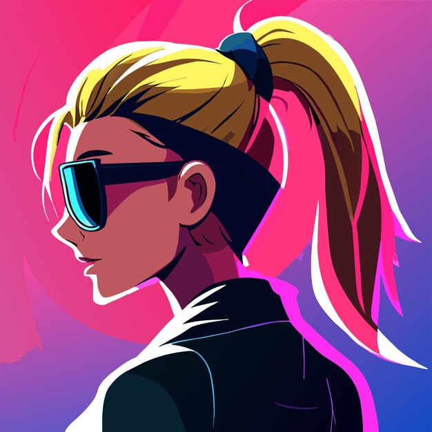 Vector anime girl with sunglasses and colorful hair hand drawn flat stylish cartoon sticker icon concept