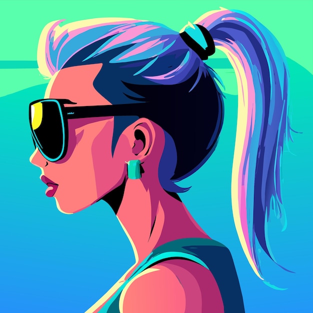 Anime girl with sunglasses and colorful hair hand drawn flat stylish cartoon sticker icon concept