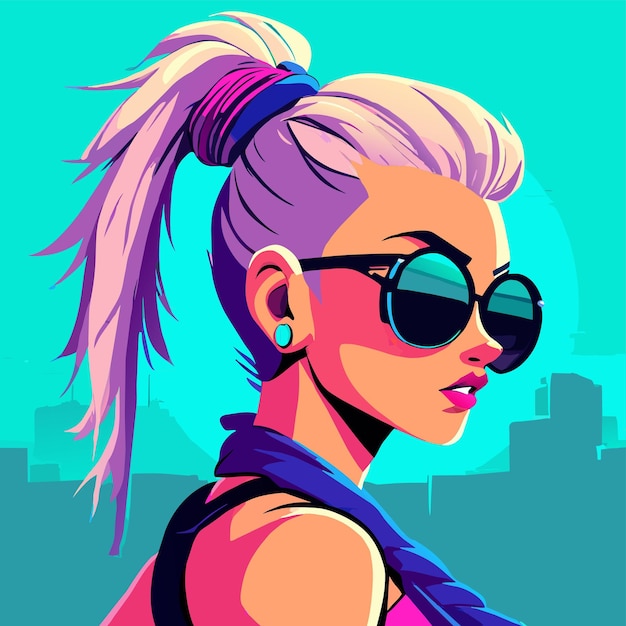 Anime girl with sunglasses and colorful hair hand drawn flat stylish cartoon sticker icon concept