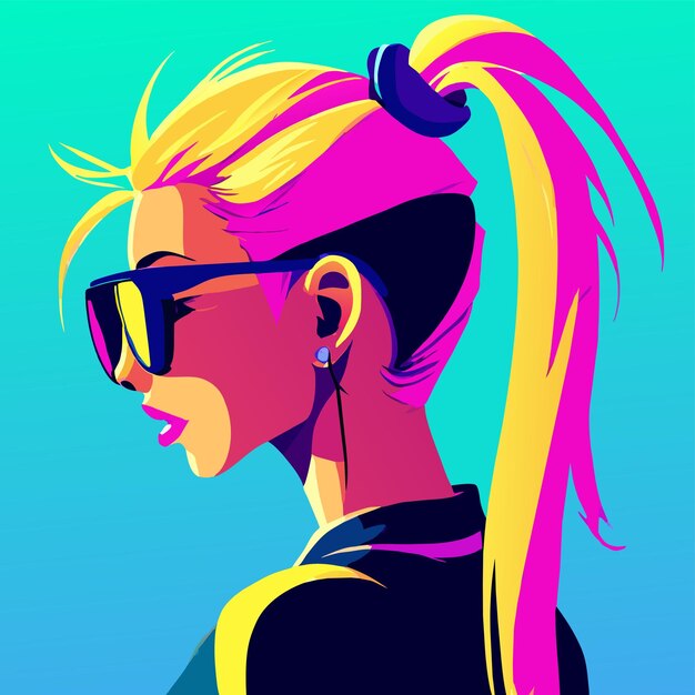 Vector anime girl with sunglasses and colorful hair hand drawn flat stylish cartoon sticker icon concept