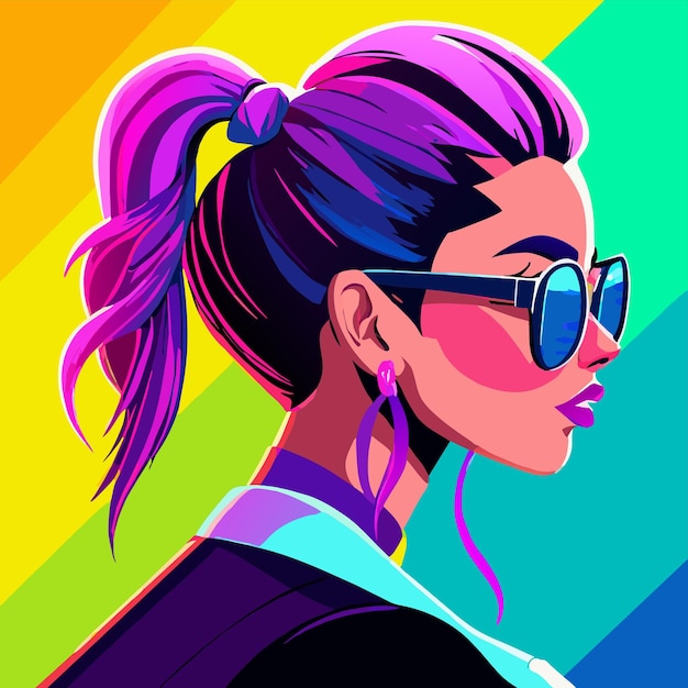 Vector anime girl with sunglasses and colorful hair hand drawn flat stylish cartoon sticker icon concept