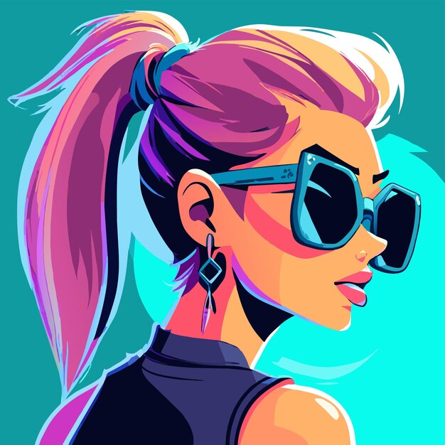 Anime girl with sunglasses and colorful hair hand drawn flat stylish cartoon sticker icon concept