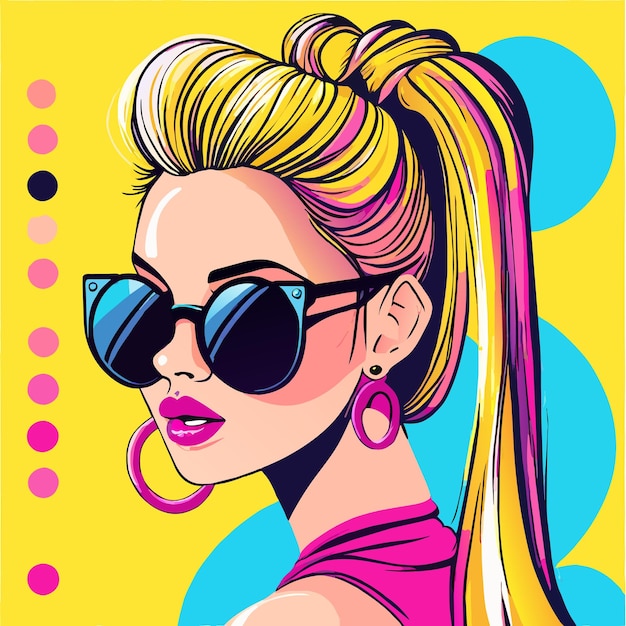 Anime girl with sunglasses and colorful hair hand drawn flat stylish cartoon sticker icon concept