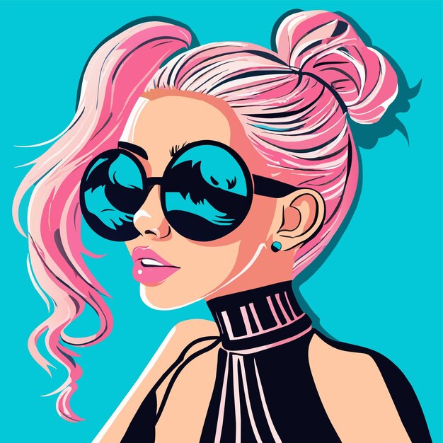 Vector anime girl with sunglasses and colorful hair hand drawn flat stylish cartoon sticker icon concept