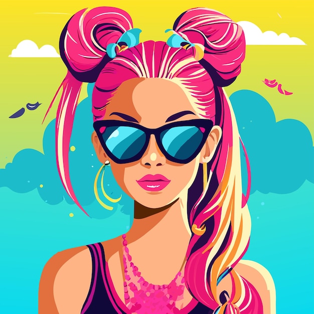 Vector anime girl with sunglasses and colorful hair hand drawn flat stylish cartoon sticker icon concept