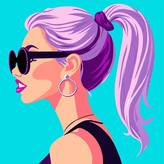 Vector anime girl with sunglasses and colorful hair hand drawn flat stylish cartoon sticker icon concept