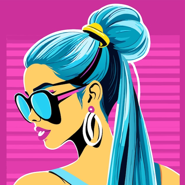 Vector anime girl with sunglasses and colorful hair hand drawn flat stylish cartoon sticker icon concept