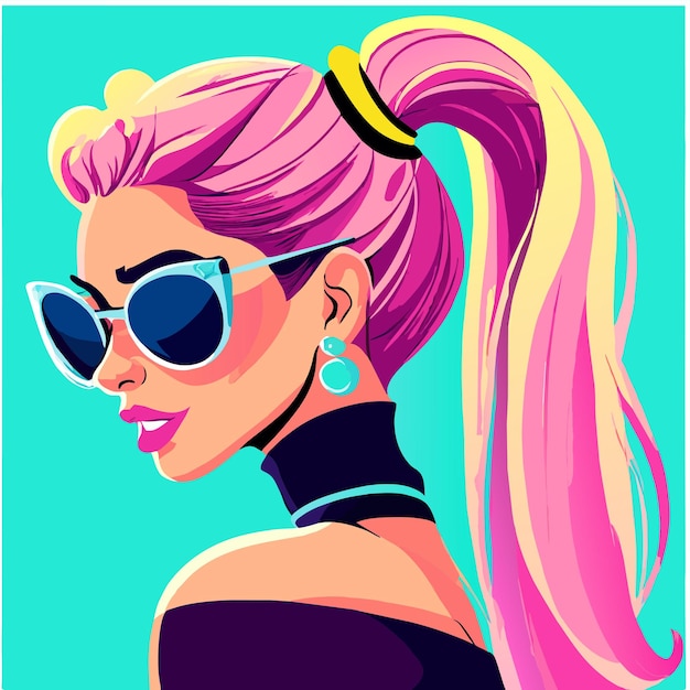 Vector anime girl with sunglasses and colorful hair hand drawn flat stylish cartoon sticker icon concept