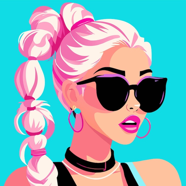 선글라스와 다채로운 머리카락을 가진 애니메이션 소녀 평평하고 세련된 만화 스티커 아이콘 개념