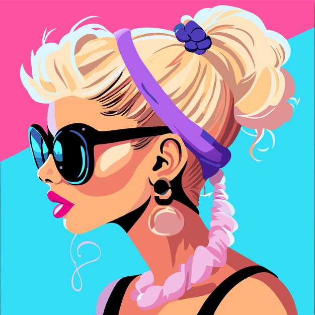 Anime girl with sunglasses and colorful hair hand drawn flat stylish cartoon sticker icon concept