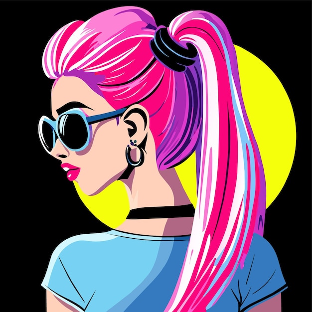 Anime girl with sunglasses and colorful hair hand drawn flat stylish cartoon sticker icon concept