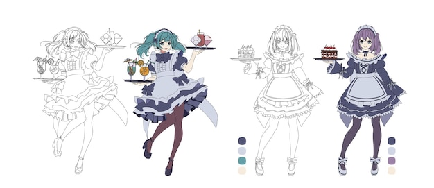 Anime girls working in maid cafe coloring book characters