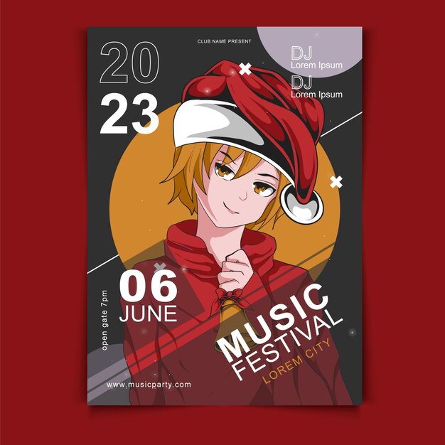 Vettore modello di progettazione del manifesto del festival musicale disegnato a mano anime