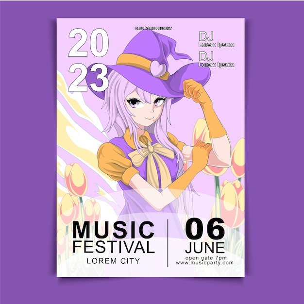 Anime hand drawn music festival poster design template