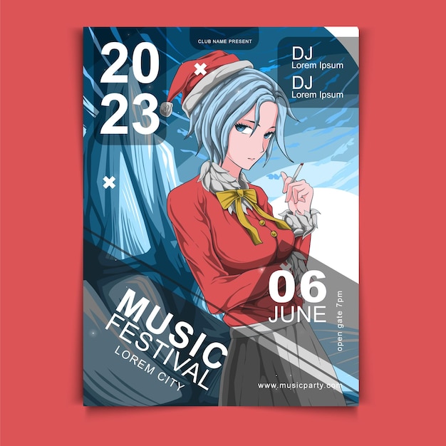 Vector anime hand drawn music festival poster design template