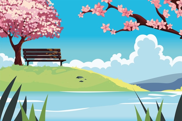 Premium Vector | Anime lake trees and bench