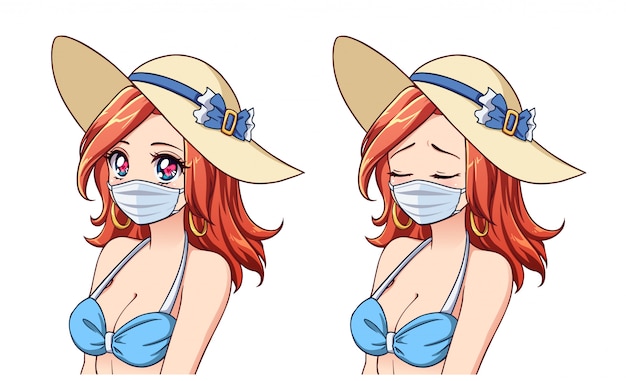 Anime leuke vrouw zomer hoed, bikini en medisch masker dragen. Set van twee verschillende uitdrukkingen. Coronavirus-toerisme. Hand getekende vector illustratie.
