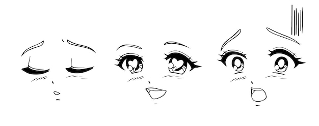 Vector anime and manga faces set. different expressions. hand drawn vector illusration.