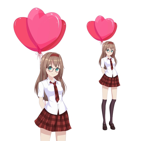 Anime manga girl are holding heart shaped balloons