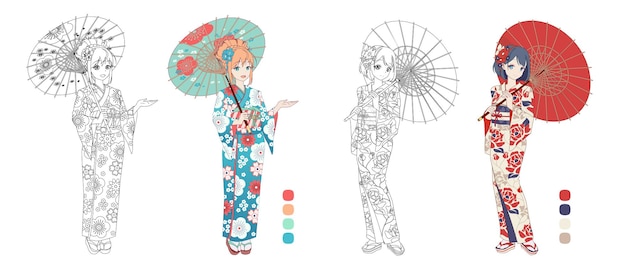 Illustrazione di contorno di anime manga girl per libro da colorare