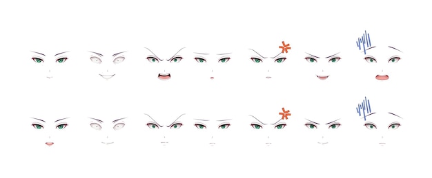 Vector anime manga girl expressions eyes set