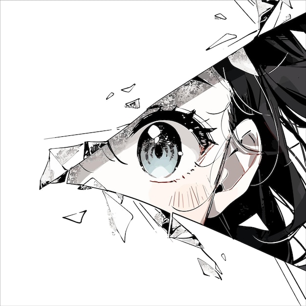 Anime manga girl eyes looking from paper tear drawn anime girl peeps out isolated