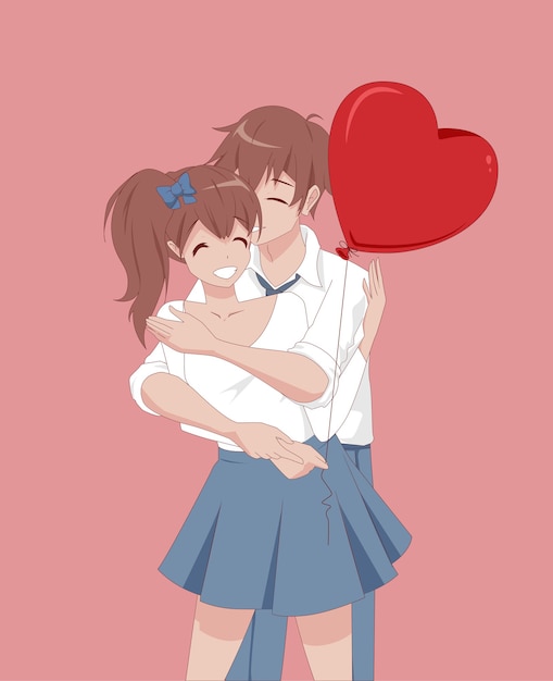 Anime manga girl and guy hugging. valentines day