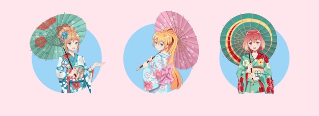 Ragazza manga anime in kimono e ombrello icone rotonde