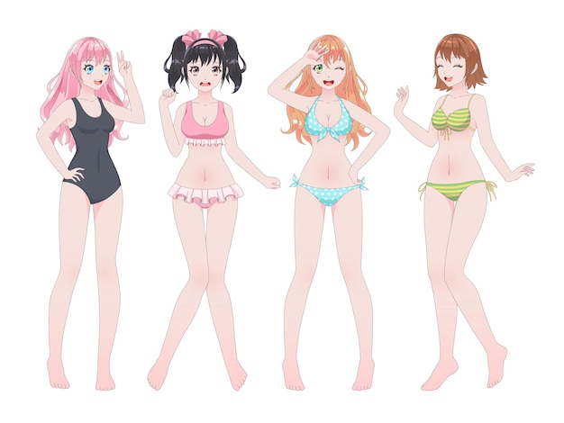 Ragazze manga anime in bikini. comico stile giapponese o coreano belle giovani belle donne sorridenti in spiaggia costume da bagno vettoriale kawaii asiatiche adolescenti femminili personaggi sexy alla moda fumetto isolato insieme