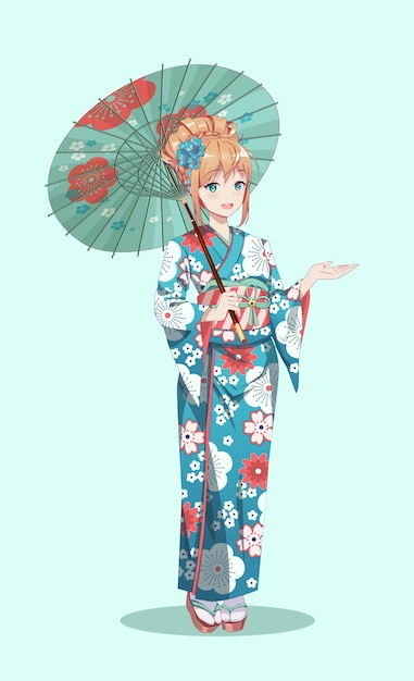 Vettore ragazze manga anime in kimono con ombrello di carta