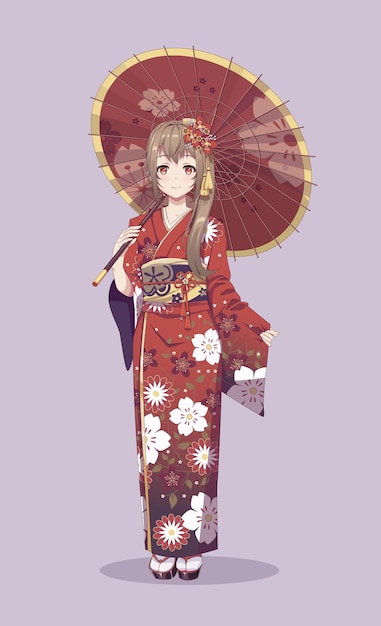 Ragazze manga anime in kimono con ombrello di carta