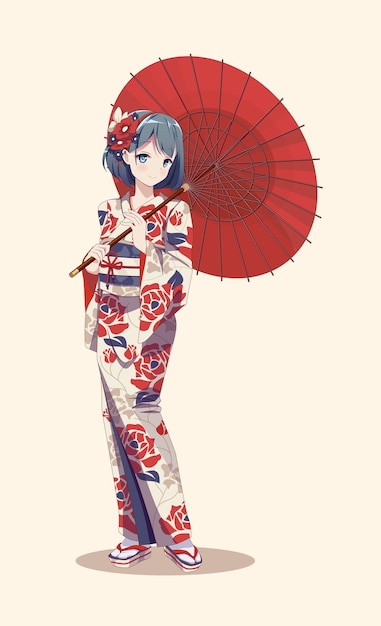 Vector anime manga girls in kimono holding paper umbrella