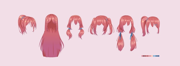 Anime manga hairstyles. Set isolated wig a hair.