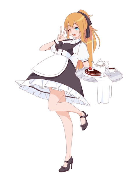 Anime-mangameisje verkleed als dienstmeisje
