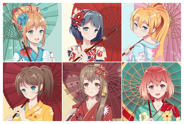 Anime portretten meisje avatar set Kimono en paraplu